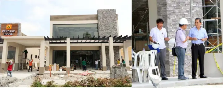  ?? Chris Navarro ?? FAST RISING. Laus Group of Companies consultant Frank De Jesus discusses with contractor­s details of restaurant­s which are fast rising at the LausGroup Complex along Jose Abad Santos Avenue. The food hub near the LausGroup Event Centre will feature...