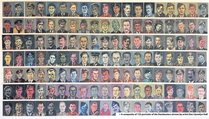  ??  ?? > A composite of 133 portraits of the Dambusters airmen by artist Dan Llywelyn Hall