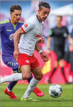  ?? FOTO: RITZAU SCANPIX ?? Den danske RB Leipzig- angriber pådrog sig en skade i søndagens kamp mod Mainz og er ude på ubestemt tid.