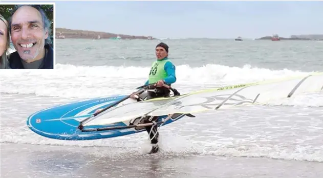  ??  ?? Back on dry land: Windsurfer Lorenzo Cubeddu, inset with his wife Amanda, spent seven hours lost at sea drifting around the west coast of Ireland