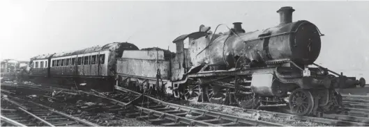  ?? Author’s Collection ?? Churchward ‘4300’ class 2-6-0 No 4358 outside Bristol East signal box; it was working the 7.10pm service to Salisbury on Sunday, 6 October 1940 when a bomb exploded beside the locomotive, killing the driver and severely injuring the fireman. Another bomb struck the second coach, resulting in 15 lives being lost and serious injury for 23 other passengers. Dating from April 1914, incredibly this locomotive would be returned to service, ultimately being withdrawn on 11 August 1959 from Gloucester (Horton Road) shed.