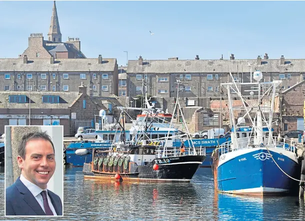  ??  ?? KEY SECTOR: Peterhead harbour is a major hub for fishing and, inset, Maurice Golden, Scottish Conservati­ve candidate for Angus South.