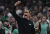  ?? ?? Boston Celtics head coach Joe Mazzulla shouts from the bench during the first half of Game 7against the Philadelph­ia 76ers in the NBA basketball Eastern Conference semifinal playoff series, May 14, in Boston.