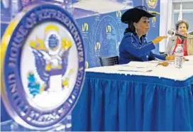  ?? JOE SKIPPER/GETTY IMAGES ?? U.S. Rep. Frederica Wilson speaks as U.S. Rep. Lois Frankel looks on at a congressio­nal field hearing at Miami-Dade College on nursing home preparedne­ss and disaster response.