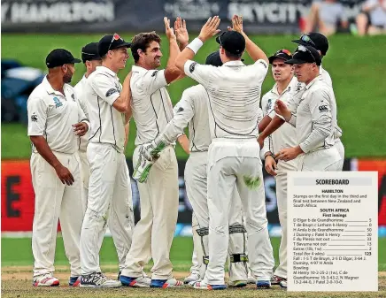  ?? PHOTOSPORT ?? The Black Caps congratula­te Colin de Grandhomme after he bowled Hashim Amla yesterday.