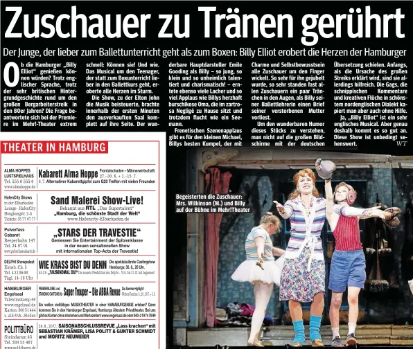  ??  ?? Begeistert­en die Zuschauer: Mrs. Wilkinson (M.) und Billy auf der Bühne im Mehr!Theater