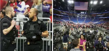  ??  ?? Below, from left Members of the Secret Service Uniformed Division at the launch of Trump’s re-election bid in June; the press and Trump supporters assemble at the same rally