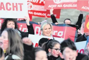  ??  ?? Sinn Fein’s Michelle O’Neill joins Irish Language Act campaigner­s at Stormont last week