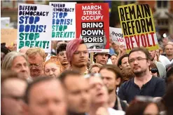  ?? Tribune News Service ?? ■ Protesters outside the Houses of Parliament in London to demonstrat­e against Prime Minister Boris Johnson temporaril­y closing down the Commons, on Aug. 28, 2019.