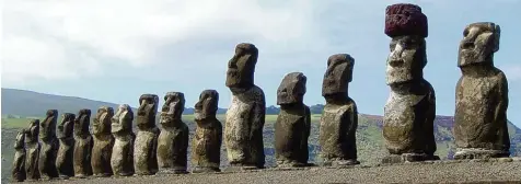  ?? Foto: dpa ?? Für diese großen Steinfigur­en ist die Osterinsel bekannt. Sie heißen Moai.
