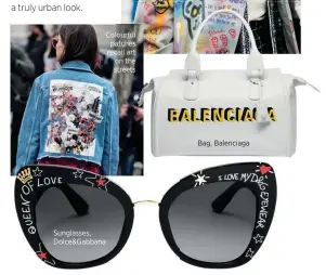  ??  ?? Sunglasses, Dolce&amp;Gabbana Colourful patches recall art on the streets Bag, Balenciaga