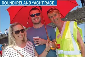  ??  ?? Fiona Merrigan, Karl Brennan and Tina Meehan at the start of the Round Ireland Yacht Race in Wicklow town on Saturday afternoon.