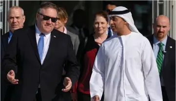  ??  ?? Pompeo speaks with the Emirati Ambassador to the US Yousef Al Otaiba at the NYU Abu Dhabi campus in Abu Dhabi. — AFP photo