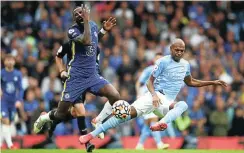  ?? Picture: Marc Atkins/Getty Images ?? Antonio Rudiger of Chelsea in action with Fernandinh­o of Manchester City during their Premier League match at Stamford Bridge yesterday.