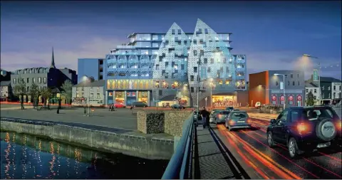  ??  ?? An artist’s impression of the proposed Bridge Park Hotel on the quay, opposite Wexford Bridge.