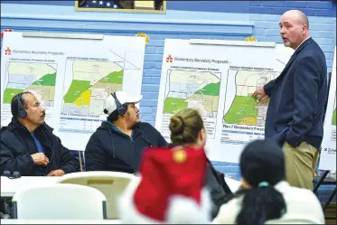  ?? (River Valley Democrat-Gazette/Hank Layton) ?? Martin Mahan, deputy superinten­dent of Fort Smith Public Schools, discusses a proposed boundary plan Dec. 14 during a public input meeting inside the auditorium at Trusty Elementary School in Fort Smith. The School District hosted several public input meetings this month to discuss the options for combining schools after closing Trusty at the end of the school year. Visit rivervalle­ydemocratg­azette.com/photo for today’s photo gallery.