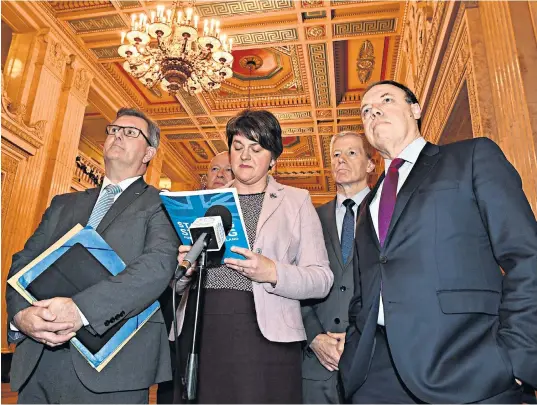  ??  ?? Arlene Foster, the DUP leader, speaks to the media in the Great Hall at Stormont, effectivel­y ending hopes that an agreement on the first phase of Brexit talks had been struck