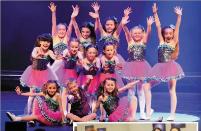  ??  ?? ABOVE: The colourful cast from one of the Centre Stage School’s many production­s showing off their talents. INSET: Aideen McAuliffe and her Centre Stage team pictured last Saturday at the Centre Stage Studio during the first of the rehearsals for the...