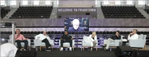  ?? Photo by Louriann Mardo-Zayat / lmzartwork­s.com ?? From left to right, Pete Gillen, Tim Welsh, current PC coach Ed Cooley, former Friar basketball standout Doris Burke, Rick Pitino and former Friar guard Bill Donovan and Rick Barnes in the background were at Alumni Hall Thursday afternoon talking about why Providence College basketball is so important to them.