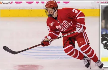  ?? RICH GAGNON PHOTO COURTESY OF BOSTON UNIVERSITY/2006 AP FILE PHOTO (INSET, RIGHT) ?? LIKE FATHER ... Ty Amonte had the double-OT winner for BU in Monday’s Beanpot semifinal, harkening to his father Tony’s heroics in 1991.