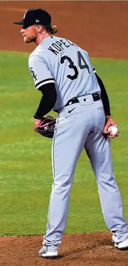  ?? ASHLEY LANDIS/AP ?? Chicago White Sox relief pitcher Michael Kopech stands on the mound during a game against the Los Angeles Angels on Friday in Anaheim, Calif.