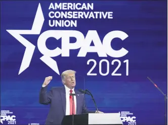  ?? JOHN RAOUX — THE ASSOCIATED PRESS ?? Former president Donald Trump speaks at the Conservati­ve Political Action Conference (CPAC) on Sunday in Orlando, Fla.