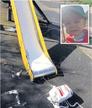  ?? JODIE NICHOLAS ?? Paint on the slide in the park on Fairfield Avenue, Maesteg, and, inset, little Jayden Nicholas was heartbroke­n to see the damage