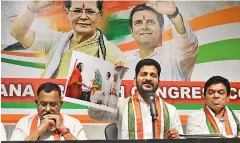  ?? — S. SURENDER REDDY ?? Telangana Pradesh Congress Committee (TPCC) president A. Revanth Reddy with party leaders at Gandhi Bhavan, on Saturday.