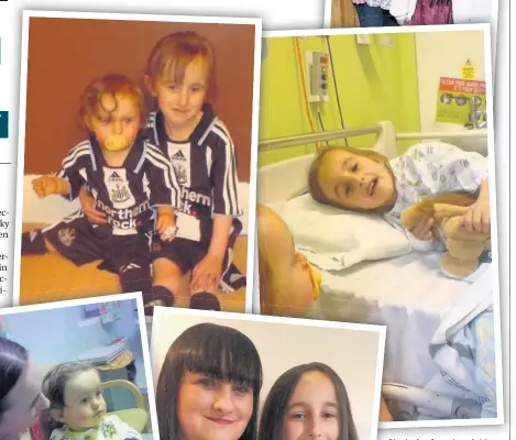  ??  ?? Clockwise from top right, the girls at home, Becky and Ellie in Newcastle’s Freeman Hospital, Becky with mum Kim, Ellie and Kim in hospital and at home in their Newcastle United kits