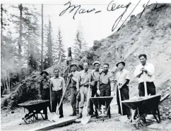  ?? JAPANESE CANADIAN CULTURAL ?? Eight men working on the Hope Princeton Highway on May 8, 1942. Their efforts are now being recognized with a sign 10 km east of Hope.