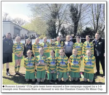  ??  ?? Runcorn Linnets’ U13s girls team have enjoyed a fine campaign capped by a 1-0 triumph over Peninsula Stars at Heswall to win the Cheshire County FA Minor Cup.