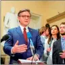  ?? PHOTO: REUTERS ?? US House of Representa­tives Speaker Mike Johnson speaks to reporters at Capitol Hill in Washington on Saturday.