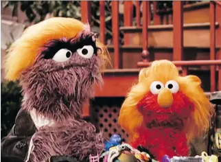  ??  ?? Muppet Donald Grump, left, appears in a 2005 episode of Sesame Street with worried apprentice Elmo in this image from a YouTube video. Elmo wins all his events, but is cast out by the Grouch Grump anyway.