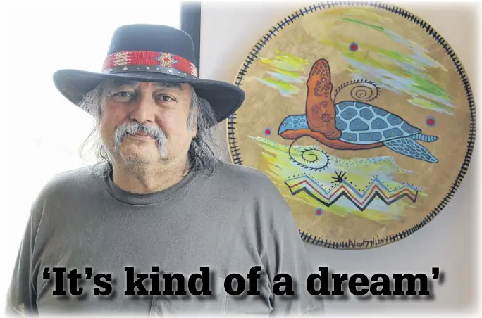  ?? BRENDYN CREAMER PHOTOS ?? Mi’kmaw artist Alan Syliboy, seen standing beside one of his drum paintings in his new studio, was selected in March as one of 25 artists on the nomination­s list for the Sobey Art Award, one of the most prestigiou­s recognitio­ns for visual arts in the country.