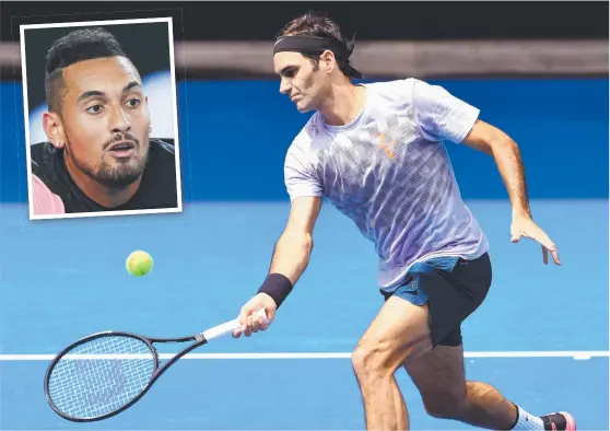  ??  ?? THREAT: Roger Federer hits a forehand return during a training session ahead of the Australian Open ( main) and Australian star Nick Kyrgios ( inset).