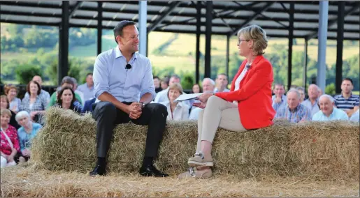  ??  ?? Mairead McGuinness MEP chatting to An Taoiseach Leo Varadkar at Glensouth Farm, Banteer, during the Irish Farmers Journal Live Facebook Show ‘Farm Friday with Leo’. Photo: Sheila Fitzgerald