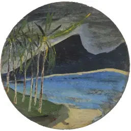  ??  ?? 2. Untitled (Black peaks, coconut palms, beach and bay), n.d., Frank Walter (1926– 2009), oil on pressed fibre with Masonite backing, diam. 21.7cm. Ingleby, Edinburgh