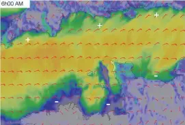  ??  ?? Easterlies in the Channel increasing along the French coast over the afternoon, and decreasing at night, while the opposite happens on the English coast