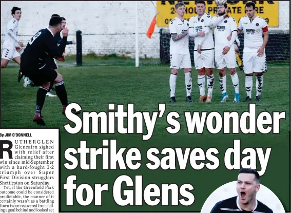  ??  ?? No 9 Gary Smith scores the free-kick winner for Rutherglen Glencairn, while Jay Mackay (below) injured himself on a wall in the first half