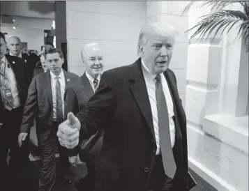  ?? ASSOCIATED PRESS ?? PRESIDENT DONALD TRUMP and Health and Human Services Secretary Tom Price arrive on Capitol Hill in Washington Tuesday to rally support for the Republican health care overhaul by taking his case directly to GOP lawmakers.