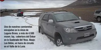  ??  ?? Una de nuestras camionetas encajadas en la nieve de Laguna Brava, a más de 4.500 msnm. Izq.: cobertura del Dakar en la Quebrada del Yeso. Abajo: Las Botas, un fuera de circuito en el Valle de la Luna.