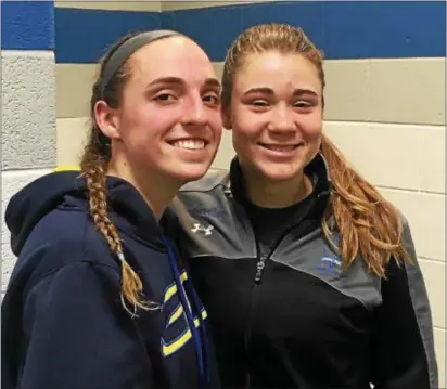  ??  ?? Christian Academy guards Grace Gormley, left, and Lindsay Haseltine helped lead the Crusaders to the PIAA Class A quarterfin­als, a run that ended Saturday in a 50-33 loss to defending champion Lebanon Catholic.