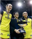  ?? GETTY ?? Kelly Jury, left, Yvette McCausland-Durie and Tiana Metuarau after last season’s title win.