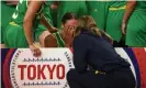  ??  ?? Liz Cambage was unable to hold back tears of joy and relief after guiding the Opals to the Tokyo Olynmpics. Photograph: Guillaume Souvant/AFP via Getty Images