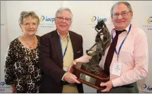  ??  ?? Joe Heffernan accepting the Carl Berkeley Memorial award from ICAP chair Ray Henry. Aso pictured is Joe’s wife Mary.