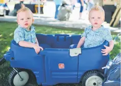  ??  ?? Noah and Owen Jury, 20-months-old from Cleveland, sit in the shade during the 42nd annual Twins Days Festival. — AFP photo