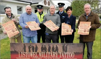  ??  ?? Padraig Nolan, Mike Loughnane, Peter Devane, Domnick Scanlon, Shane Linehan, Listowel Town Manager Joan McCarthy and Martin McCarthy launching the Military Tattoo in Listowel.