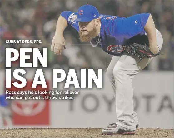  ?? JEFF CHIU/AP ?? Cubs closer Craig Kimbrel had a first outing to forget Monday against the Reds. He allowed two runs and four walks, hit a batter, threw a wild pitch and only got one out.