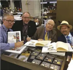  ??  ?? Among the hobby royalty Donn Pearlman (second from left) has worked with are Dwight Manley, Q. David Bowers, and Robert Evans.