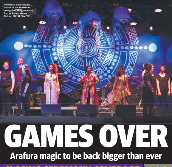  ??  ?? Performers entertain the crowds at the Waterfront during the closing ceremony for the Arafura Games Picture: GLENN CAMPBELL